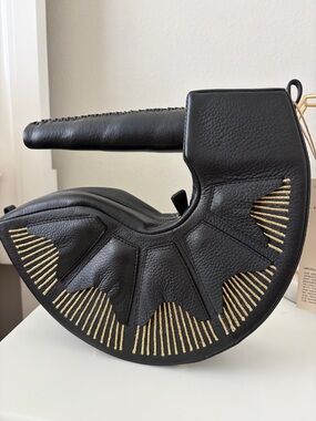 Black Leather Crescent Bag with Gold Stitch Detail- handmade in India